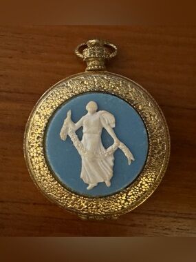 Vintage Max Factor Compact—Gold Tone, Pocket Watch Style, Faux Cameo, w/ Mirror